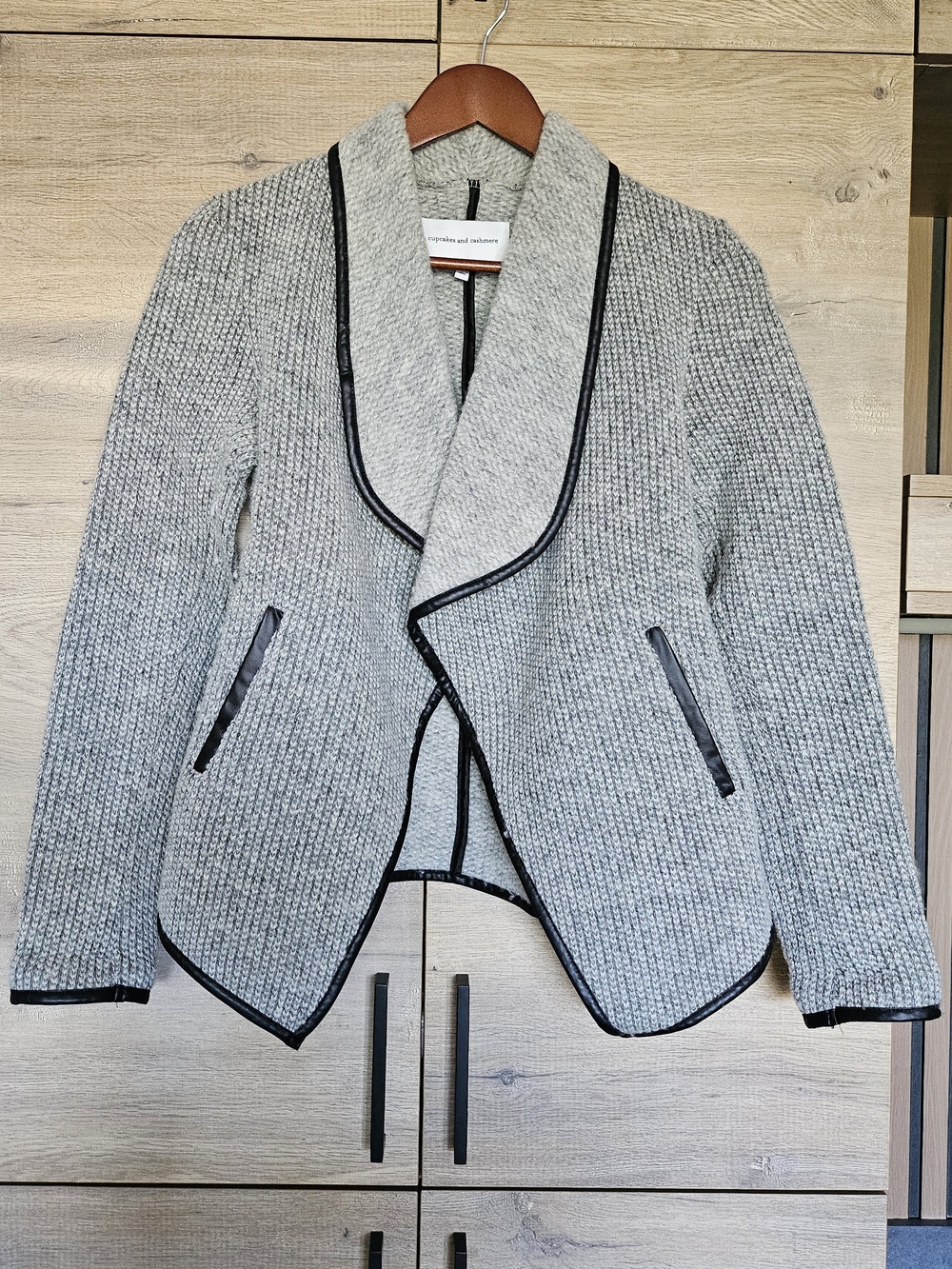cupcakes & cashmere Gray Knit Shawl-Collar Blazer with Black Trim